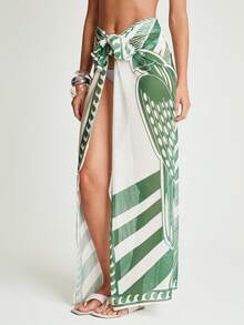 CAJUNI 女士绿白热带印花纱笼裙罩衫 | 轻薄透气面料，长款裹身裙，高开衩设计，醒目的叶子图案和条纹点缀，可调节腰带，优雅性感的沙滩装，是夏季度假、度假村泳池边、浪漫假期的理想之选。女士沙滩时尚，沙滩罩衫，沙滩裙罩衫，纱笼罩衫，泳衣裙罩衫，度假装 - 綠色 - 查看 7