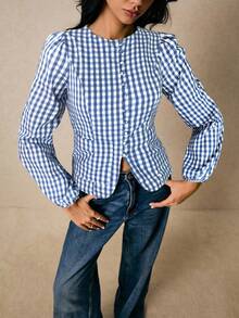 Poéselle 女士格子圆领纽扣灯笼袖休闲衬衫 - 淺藍色 - 查看 5