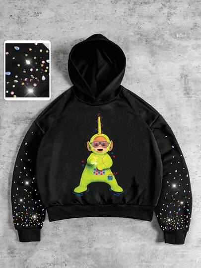 Teletubbies X ROMWE Men's Autumn Dipsy Pattern Rhinestone Embellished Loose Hoodie Sweatshirt