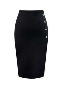 SHEIN Unity Falda lápiz elegante de diseño con botones de unicolor para mujer de talla grande - Negro - Ver 3