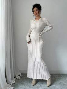 Selianne Vestido de suéter largo de unicolor acanalado para mujer - Albaricoque - Ver 6