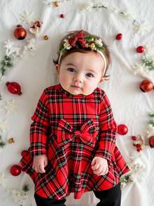 SHEIN 2pcs Baby Girls Classic Black & Red Plaid A-Line Sweater Top And Black Knit Leggings Set, Suitable For Everyday Wear And Holiday Celebrations - Black - View 4