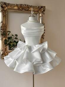 Lovelzi Elegant, Romantic, Fashionable White Satin Off Shoulder Ruffle Hem Dress, Suitable For Bachelorette Party, Wedding, Graduation, Vacation, Afternoon Tea, Bridal Shower - White - View 2