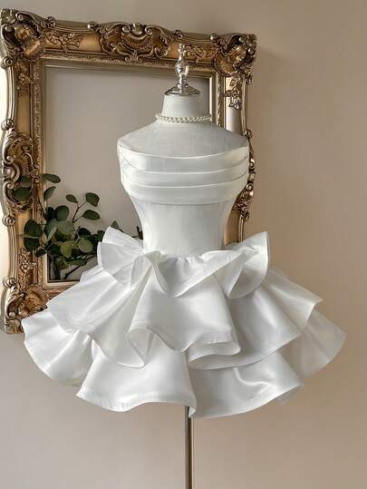 Lovelzi Elegant, Romantic, Fashionable White Satin Off Shoulder Ruffle Hem Dress, Suitable For Bachelorette Party, Wedding, Graduation, Vacation, Afternoon Tea, Bridal Shower