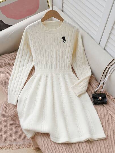 SHEIN Sparklyn 1pc Girls' Vintage Cable Knit Sweater Dress, Crew Neck Cinched Waist A-Line Hem, Black Horse Embroidery Pattern, Regular Thickness, Solid Color Clean Hem, Fashionable & Cute, Suitable For Daily Wear, Outings, Parties, School In Autumn/Winter Girls Sweater Dress Girl Long Sleeve Dresses Dress Kids Girl Dress Girl White Cute Teens Dress White Dress White Dress Cute Girls Dress White
