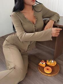 SHEIN Women's Solid Color Casual Frill Trim V-Neck Long Sleeve Top & Pants Lounge Set, Winter Clothes - Coffee Brown - View 1