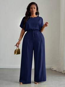 Slaydiva Women Plus Size 2 Pieces Set Navy Blue Summer Casual Work Elegant Drawstring Hem Cropped Top And Wide Leg Pocket Pants,Commute Party Club Outdoor - Navy Blue - View 6