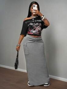 Slaydiva 2025 夏季新款休闲街头白色宽松露肩单肩图案 T 恤 + 侧开衩工装口袋长裙女两件套，音乐节，毕业装，女士早午餐装，日常外出，旅行，派对聚会，返校，休闲，街头-B - 黑色 - 查看 6