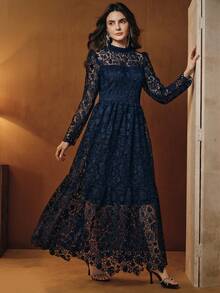 Anewsta Đầm ren tay bồng cổ đứng thanh lịch dành cho nữ, thích hợp cho mùa thu, đi chơi, thanh lịch, trang trọng, tiệc tùng, sang trọng, năm mới, giáng sinh, công sở, tốt nghiệp, đám cưới - Màu xanh hải quân - Xem 6