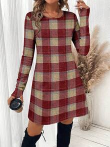 SHEIN LUNE 女士复古格子红色修身圆领迷你连衣裙，秋冬款 - 彩色 - 查看 4