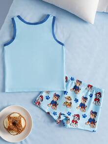SHEIN | PAW Patrol 男童舒适撞色滚边狗狗印花背心短裤套装，夏季