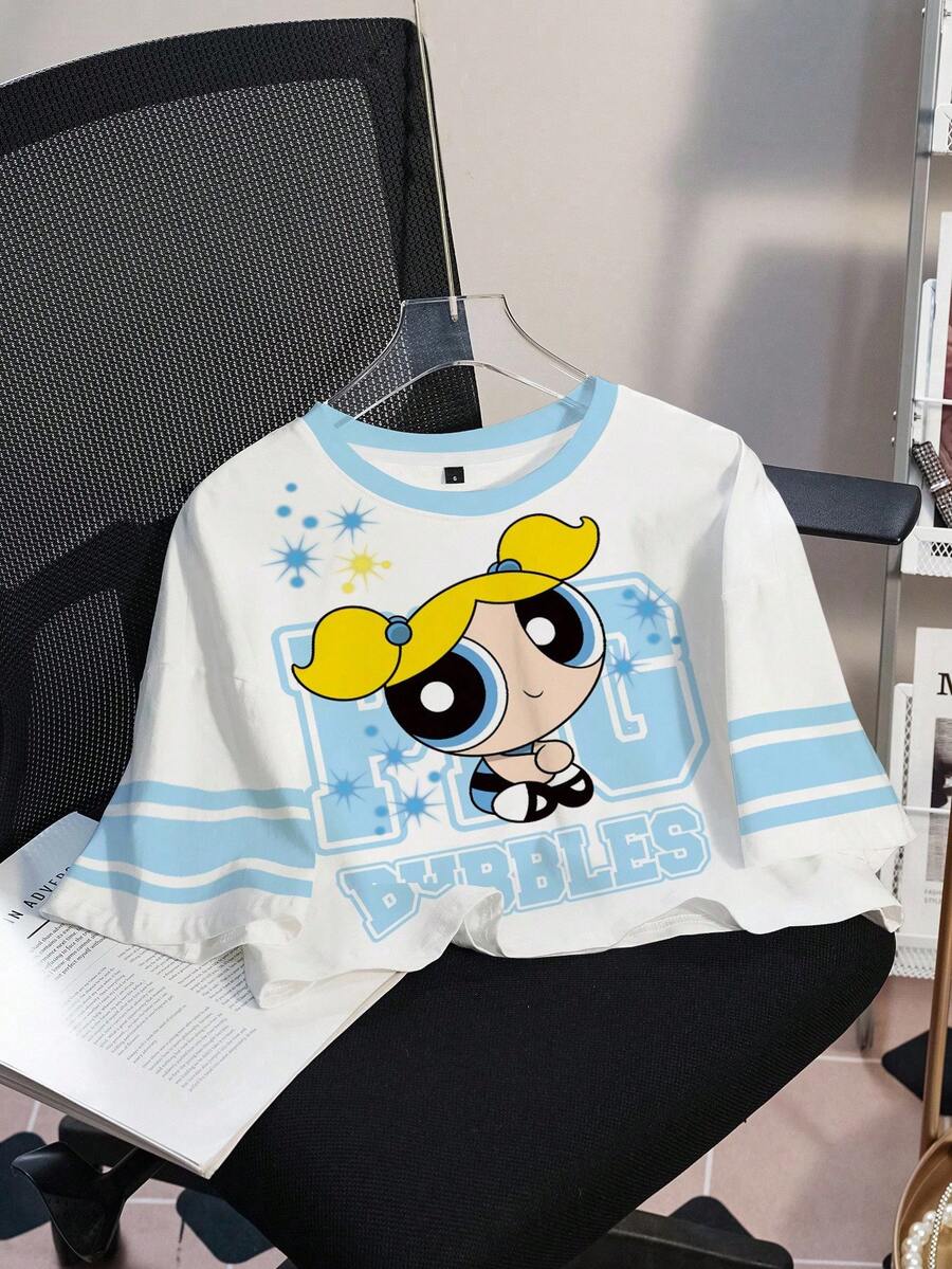 THE POWERPUFF GIRLS X SHEIN 女士夏季拼色泡泡图案 T 恤 - 白色 - 查看 1