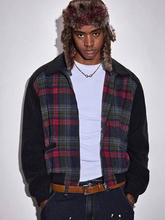 Street Life Chaqueta de hombre con estampado de cuadros y parches, de moda para otoño/invierno