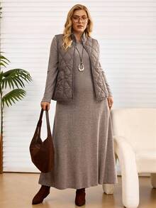 EMERY ROSE 大码女式纯色圆领长袖带口袋休闲宽松连衣裙 - 卡其色 - 查看 1