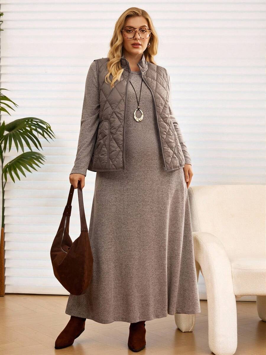 EMERY ROSE 大码女式纯色圆领长袖带口袋休闲宽松连衣裙 - 卡其色 - 查看 1