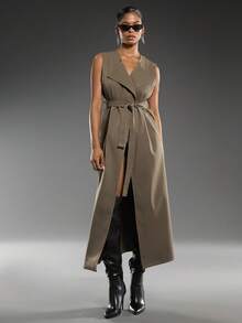 Normani Bộ đồ thường ngày thu/đông cho nữ, áo khoác ngắn tay dài cổ ve màu trơn và áo khoác dài không tay - màu nâu - Xem 8