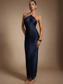 Hauture Women's Hanging Tassels Fringe Sexy Dress For Party With Gold Metal Decor - Blue - View 5