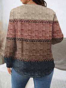 EMERY ROSE Thanksgiving Autumn Merlot Color Textured Striped Print Casual Minimalist Plus Size Crew Neck Loose Sweatshirt, Autumn/Winter New Year Party - Multicolor - View 2