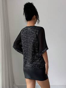 Rafferiza 女士奢华派对风百搭时尚闪亮优雅上衣，适合聚会和宴会穿着 - 黑色 - 查看 2