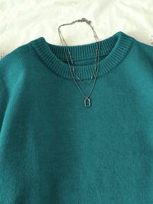 Elamini Women's Casual Solid Color Pullover Sweater, Autumn/Winter - Teal Blue - View 5