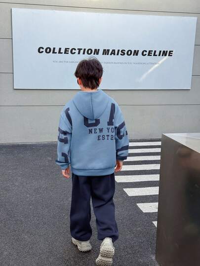 SHEIN 青少年男孩休闲韩版宽松大号字母图案连帽衫和松紧腰裤套装，适合秋季/春季、户外玩耍、学校、街头风格、派对和休闲