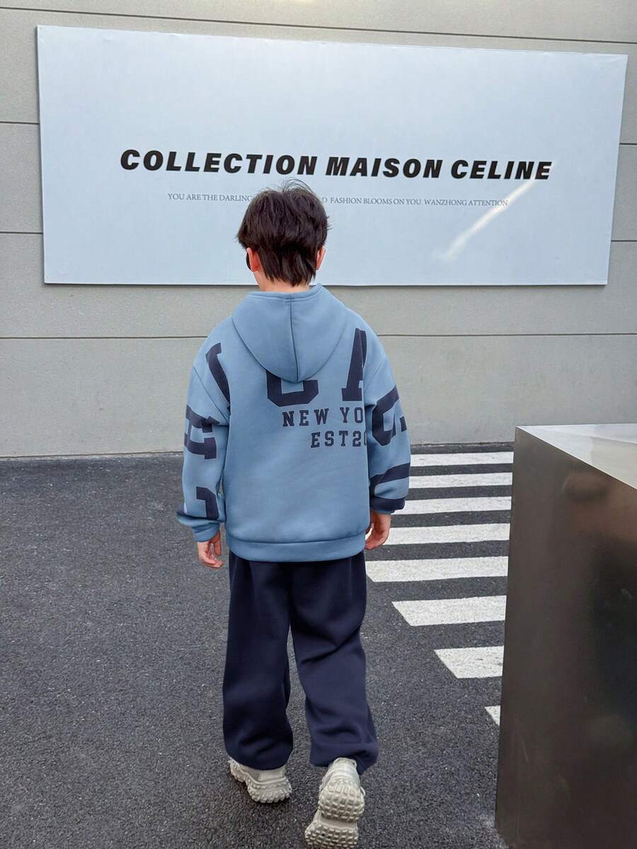 SHEIN 兒童青少年男孩海軍藍韓風寬鬆字母圖案連帽衛衣與彈性腰冬季長褲套裝,秋季街頭風校園返校穿搭 - 藏蓝色 - 查看 1