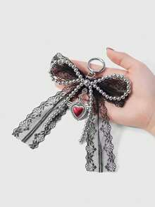 ROMWE Kawaii 1个Y2K可爱哥特风手工串珠银色CCB黑色蕾丝蝴蝶结滴油心形箭形吊坠钥匙扣，适合女性日常佩戴或作为礼物，万圣节 - 黑色-18 - 查看 9