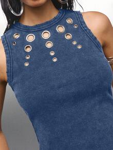 LYSMO 女士时尚水洗复古金属装饰镂空蓝色背心，镂空上衣，适合外出、返校、毕业、街头风、Grunge和朋克风、Y2K服装和斯德哥尔摩风格2025极简主义秋季女装 - 藍色 - 查看 5