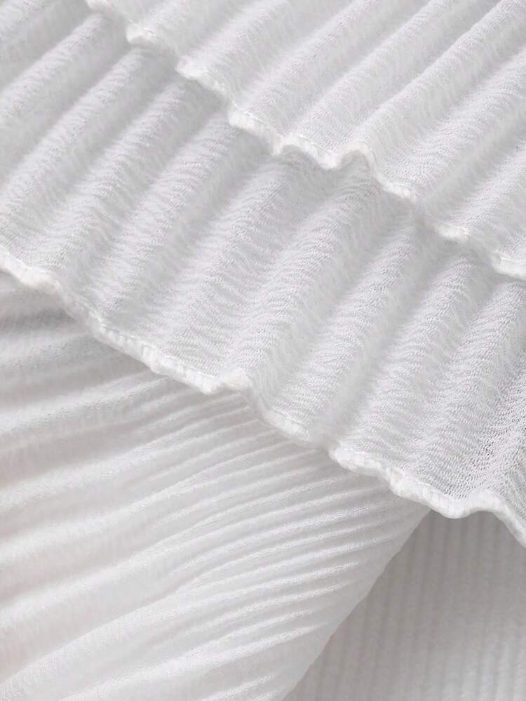 Women's Round Neck Long Sleeve Tie Design Patchwork Pleated Ruffle Hem Fashion T-Shirt