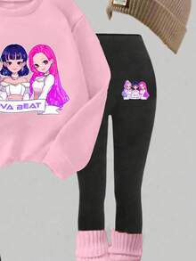 Autumn/Winter Girls' Casual Fashion Creative Personalized Fresh Minimalist High-End Cool Virtual Girl Group Cartoon Character Glitter Pentagram Logo Graphic Print Sweatshirt And Leggings Set, Comfortable Cozy Fall & Winter Styles - Multicolor - View 4