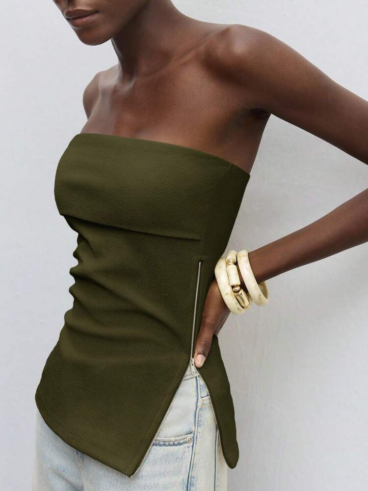 SHEIN Maija Women's Fashion Casual Solid Color Zipper Top, Suitable For Urban Commute, Business Casual, Party, Dating, Elegant, Summer St Patrick's Day Women Easter Summer Easter Women Party Top Beach Summer Holiday Beach Vacation Summer Going Out Graduation