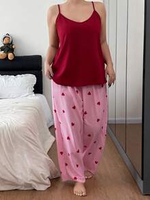 SHEIN Conjunto de camiseta de tirantes con estampado de corazones a rayas y arrugas, pantalones y bata con cinturón, talla grande, otoño e invierno - Rosa - Ver 4