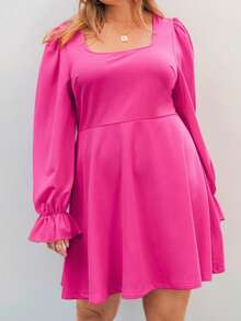 SHEIN Privé 大码女士优雅纯色方领荷叶袖连衣裙 - 玫紅色 - 查看 3