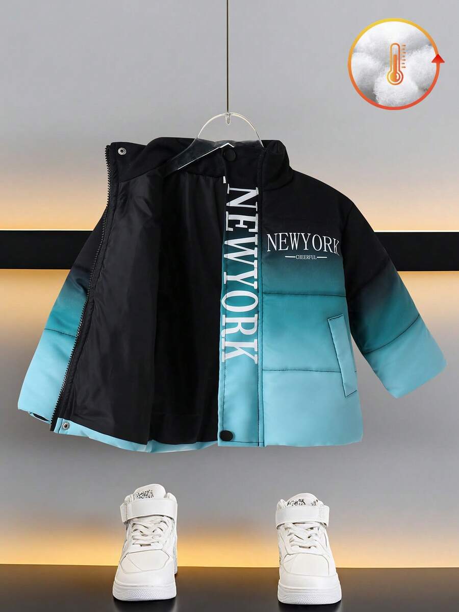 Young BoyGradient Digital Print Letter Collar Padded Coat, Casual & Fashionable, Suitable For Outdoor & Indoor Wear In Winter - Multicolor - View 1