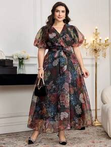 Modelyn 大码女式V领短袖收腰印花休闲连衣裙 - 彩色 - 查看 4