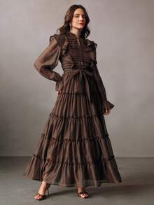 Anewsta Elaire Đầm ren hoa xếp tầng bồng bềnh thanh lịch, thích hợp cho mùa thu, đông, xuân, năm mới, tiệc tùng, đám cưới, sang trọng, thời trang, công sở, Lễ Tạ ơn, lễ tốt nghiệp, Giáng sinh, lễ hội, trang nhã, Ngày Valentine. - màu nâu - Xem 3