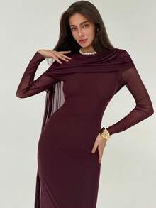 Aloruh Women's Elegant Ruffle Long Sleeve Bodycon Dress, Autumn Burgundy - Purple - View 6
