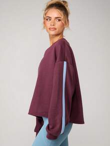 MISSGUIDED 女士宽松卫衣，侧边撞色条纹，长袖套头衫，休闲舒适上衣 - 中紫紅色 - 查看 4