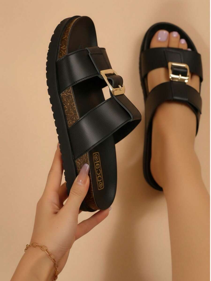 Mujer Sandalia con hebilla grande y correa ajustable punta abierta moda veraniega para playa - Negro - Ver 1