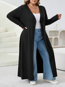 SHEIN CURVE+ 加大码纯色修身纽扣休闲开衫，女式秋季冬季服装 - 黑色 - 查看 3