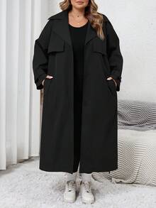 SHEIN CURVE+ 1pc Women's Solid Color Woven Longline Belted Front Button Trench Coat/Winter - Black - View 5