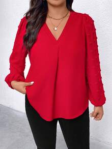 Elenzga Plus Size Women's Solid Color V-Neck Lantern Sleeve Casual Shirt