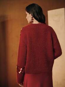 Anewsta 秋冬法式休闲时尚亮片刺绣圆领毛衣 - 紅色 - 查看 2
