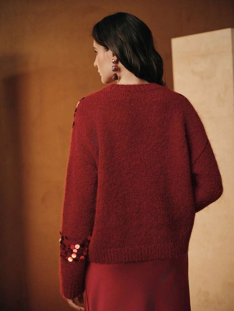Jersey de cuello redondo con bordado de lentejuelas, estilo casual chic francés para otoño/invierno