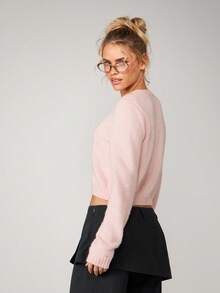 MISSGUIDED 女式短款纽扣开衫柔软毛线针织毛衣秋冬休闲长袖基本款学院风时尚上衣粉色 - 粉色 - 查看 2