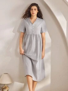 Ocili Váy ngủ hai dây cotton kẻ sọc thoải mái, Đầm ngủ nữ - Xám - Xem 5