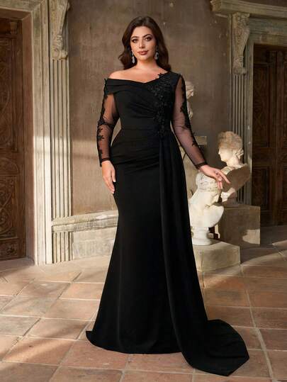 Aureia Aureia 大码优雅浪漫黑色不对称领口长袖薄纱奢华贴花装饰美人鱼裙摆拖尾正式礼服（精致设计）