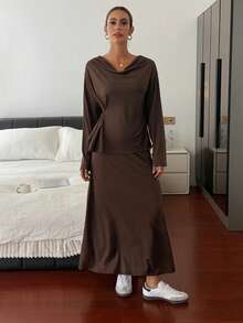 DAZY Women's Solid Color Loose Collar Long Sleeve Top And Midi Skirt Casual 2-Piece Set Lounge Sets For Women - Brown - View 4