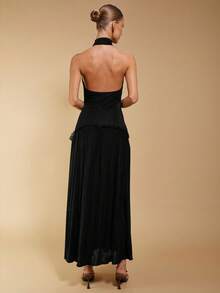 COSMINA Rochie plisată cu imprimeu halter pentru femei, culoare uni - Negru - Vizualizare 2