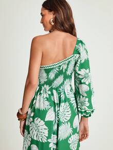 CAJUNI Women's Tropical Plant Green Floral Print Lantern Sleeve Casual Long Dress,Autumn Boho Vacation Holiday,Hawaii Green Maxi Dress,Palm Tree Dress - Green - View 2